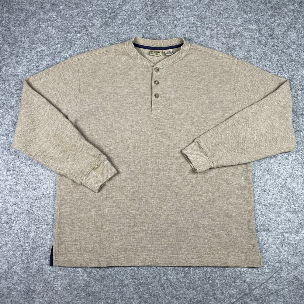 Vintage L.L. Bean Henley Shirt Mens Large Tan Long Sleeve Waffle Knit Cotton 90s